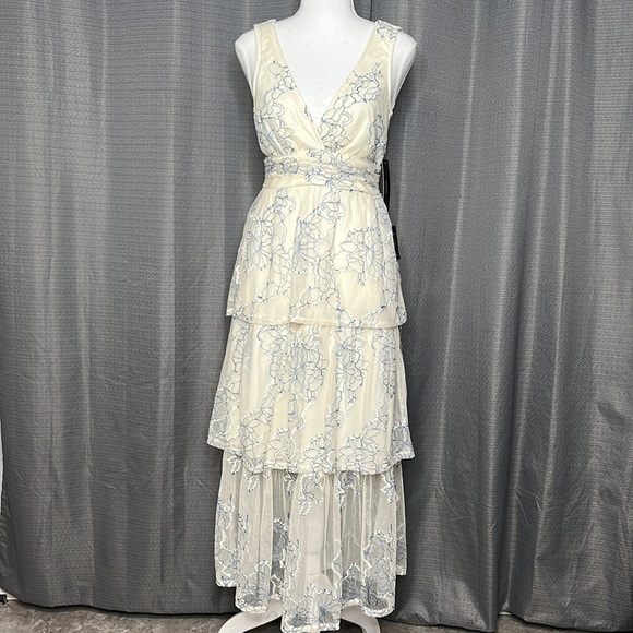 LULU’S CREAM & BLUE LAYERED V NECK SUNDRESS SMALL New - Picture 2 of 12